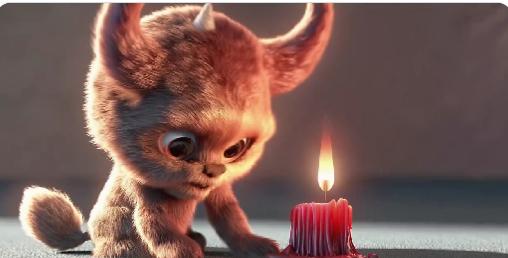 Prompt Sora: “Animated scene features a close-up of a short fluffy monster kneeling beside a melting red candle