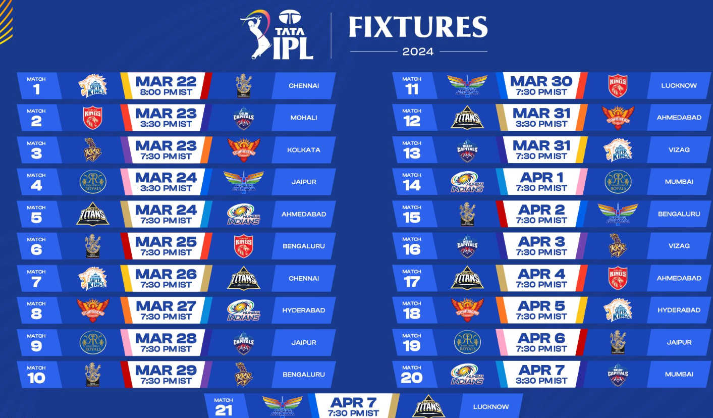 𝙎𝘾𝙃𝙀𝘿𝙐𝙇𝙀 for the first 2⃣1⃣ matches of #TATAIPL 2024 is out!, Source: X post